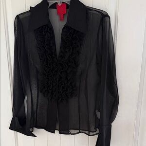 JS Collections Sheer Black Blouse with Ruffle Neckline Accent